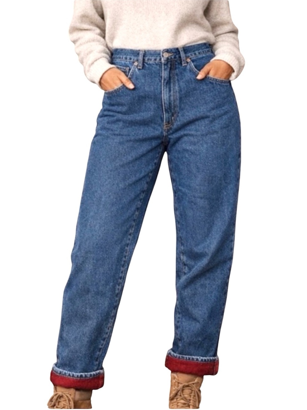 LL Bean Fleece Lined Jeans Size 12 Relaxed Fit High Rise Blue Denim Warm
